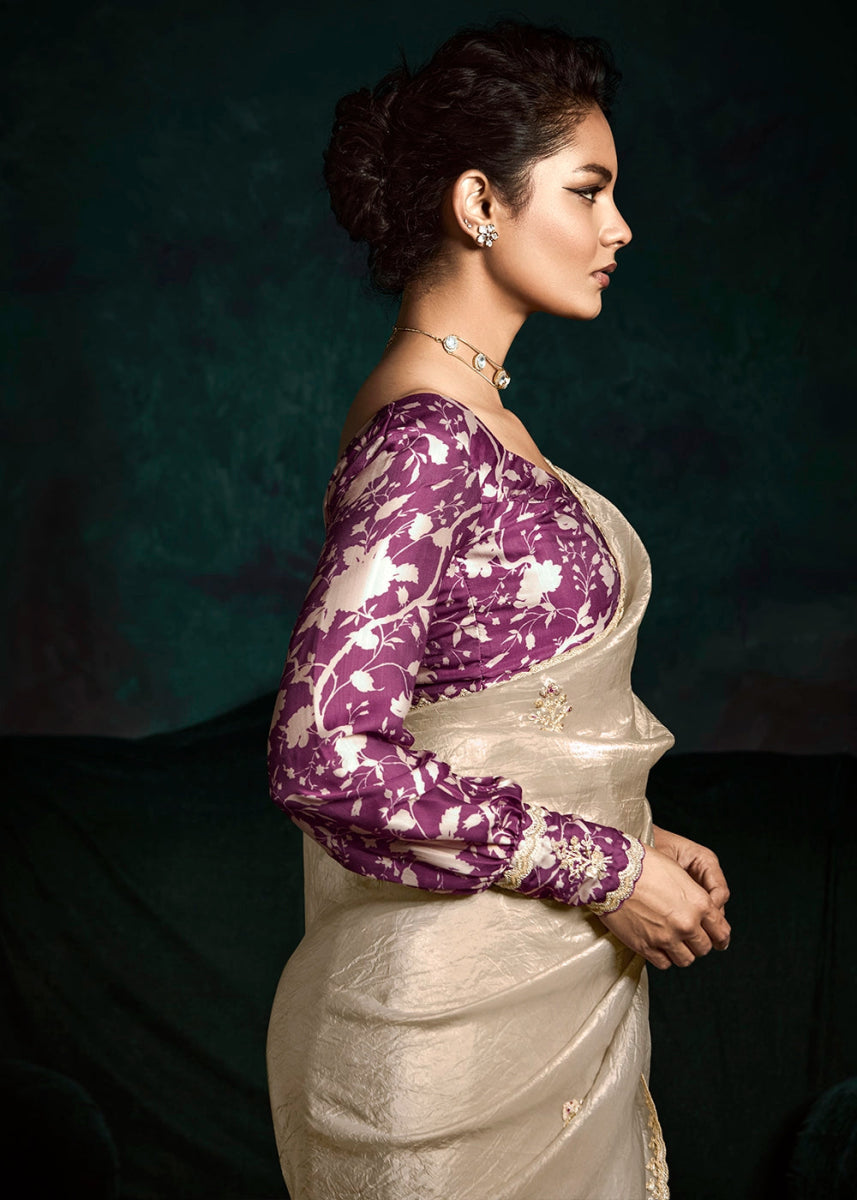 Beige Brown Tissue Saree with Dhaga,Thread & Sequin Embellishments - House of Sarvati LLC