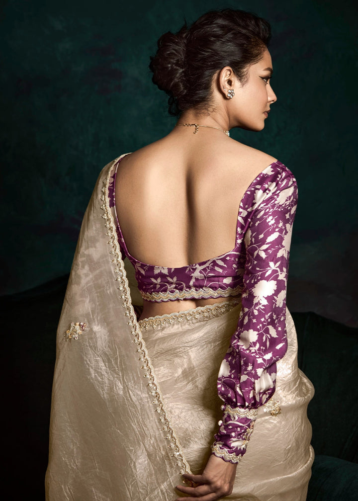 Beige Brown Tissue Saree with Dhaga,Thread & Sequin Embellishments - House of Sarvati LLC