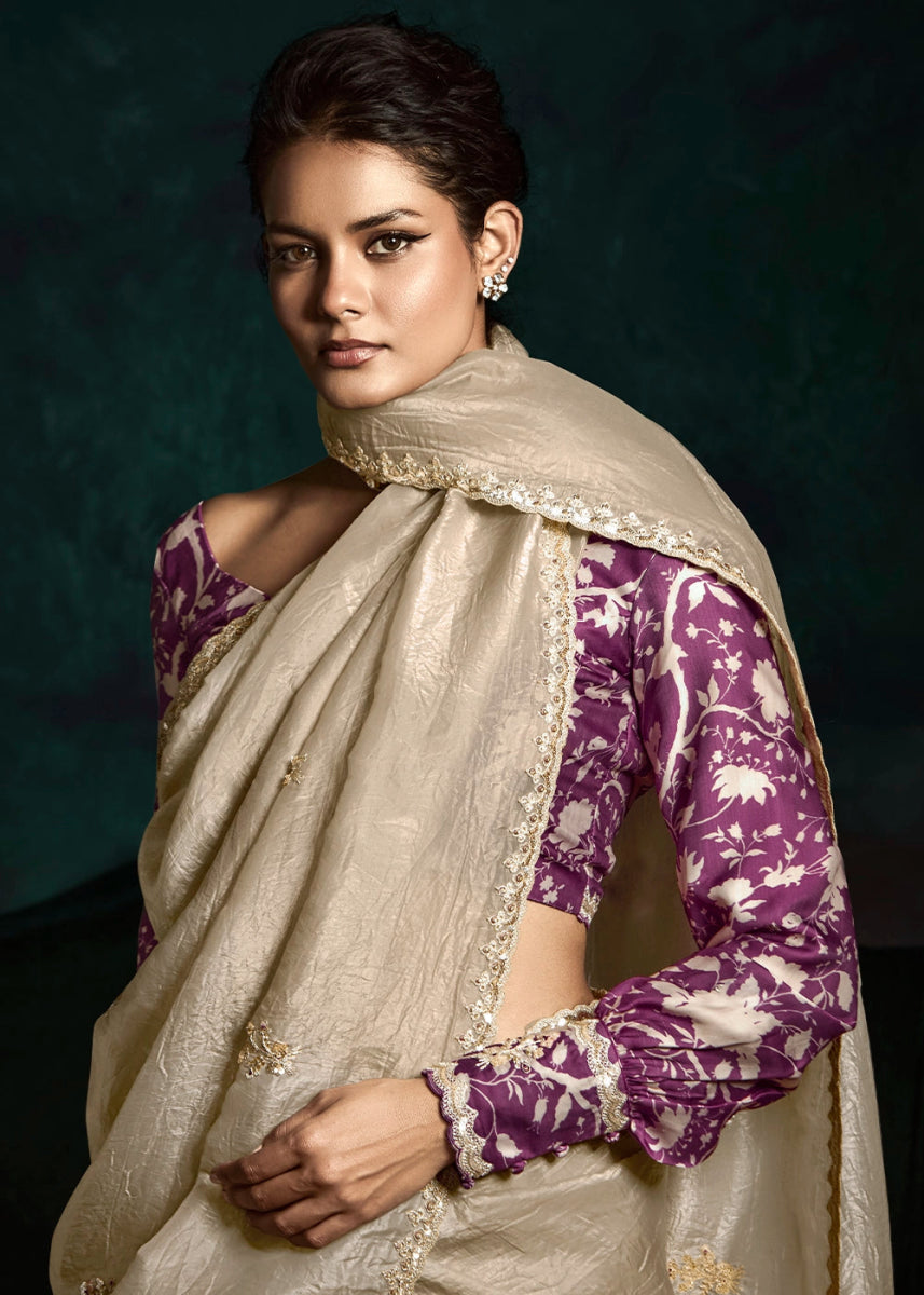 Beige Brown Tissue Saree with Dhaga,Thread & Sequin Embellishments - House of Sarvati LLC