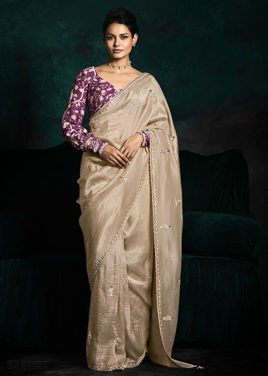 Beige Brown Tissue Saree with Dhaga,Thread & Sequin Embellishments - House of Sarvati LLC