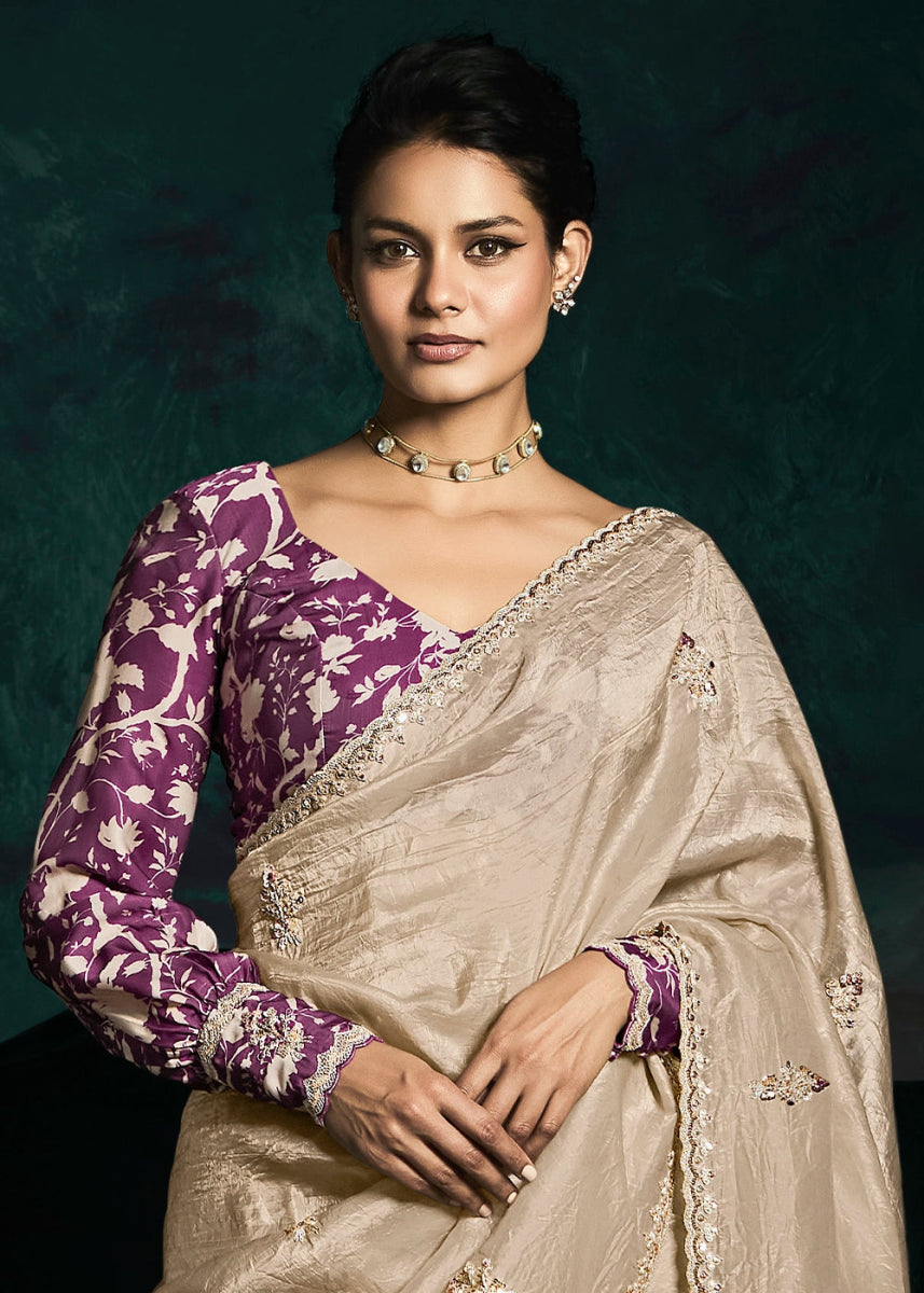 Beige Brown Tissue Saree with Dhaga,Thread & Sequin Embellishments - House of Sarvati LLC