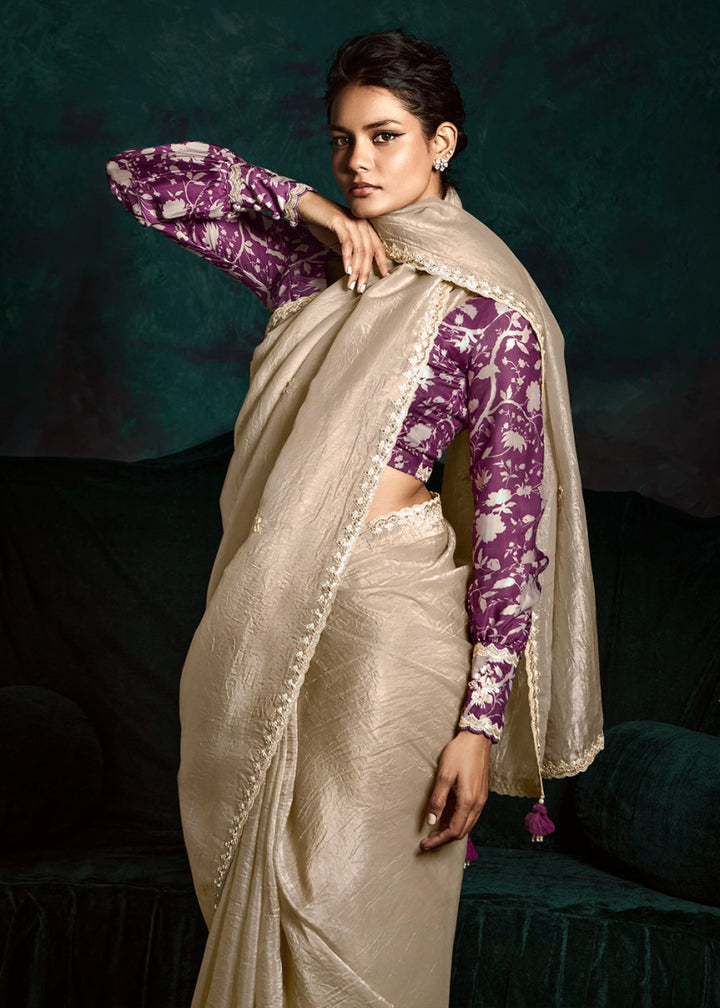 Beige Brown Tissue Saree with Dhaga,Thread & Sequin Embellishments - House of Sarvati LLC