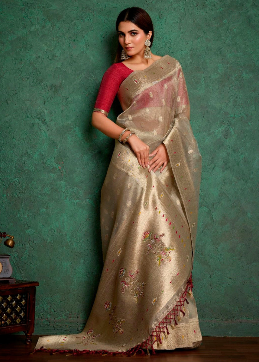 Beige Brown Tissue Silk Saree Featuring Buttis All Over and Heritage Paithani Pallu - House of Sarvati LLC