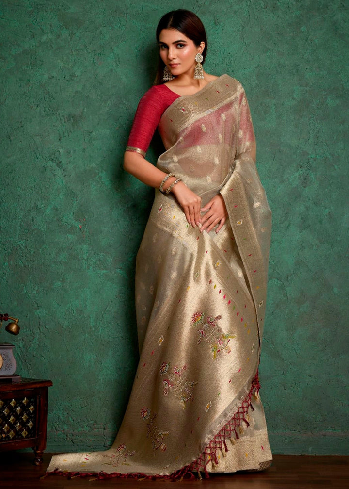 Beige Brown Tissue Silk Saree Featuring Buttis All Over and Heritage Paithani Pallu - House of Sarvati LLC