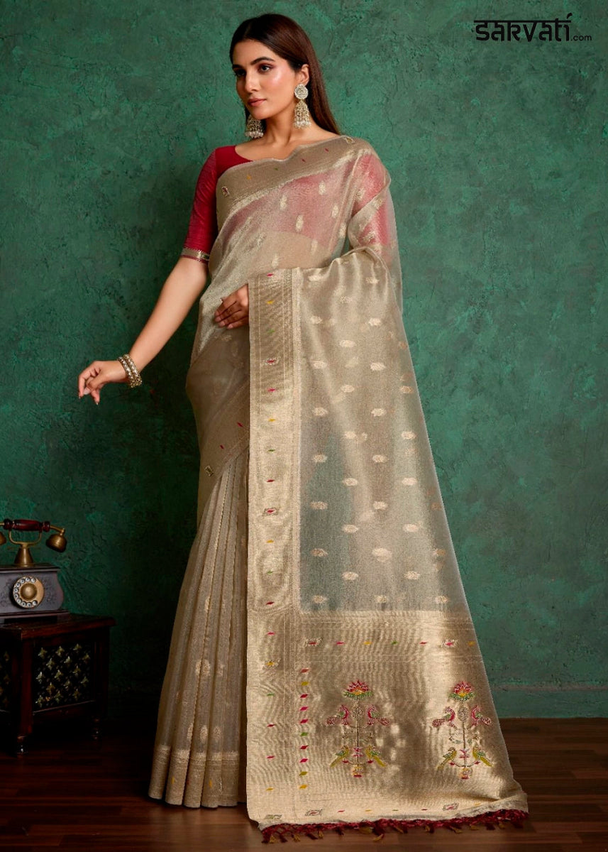 Beige Brown Tissue Silk Saree Featuring Buttis All Over and Heritage Paithani Pallu - House of Sarvati LLC