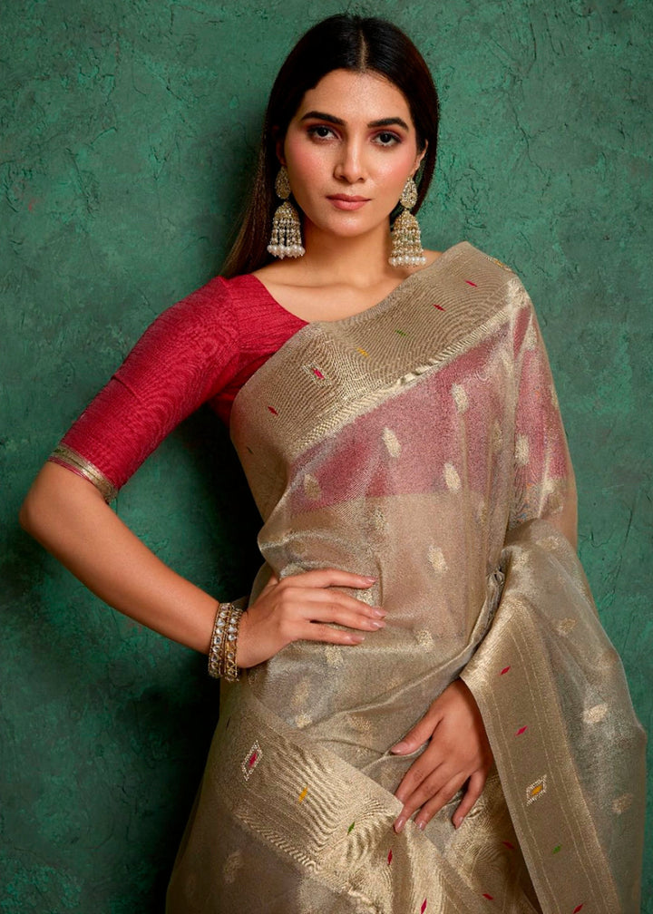 Beige Brown Tissue Silk Saree Featuring Buttis All Over and Heritage Paithani Pallu - House of Sarvati LLC