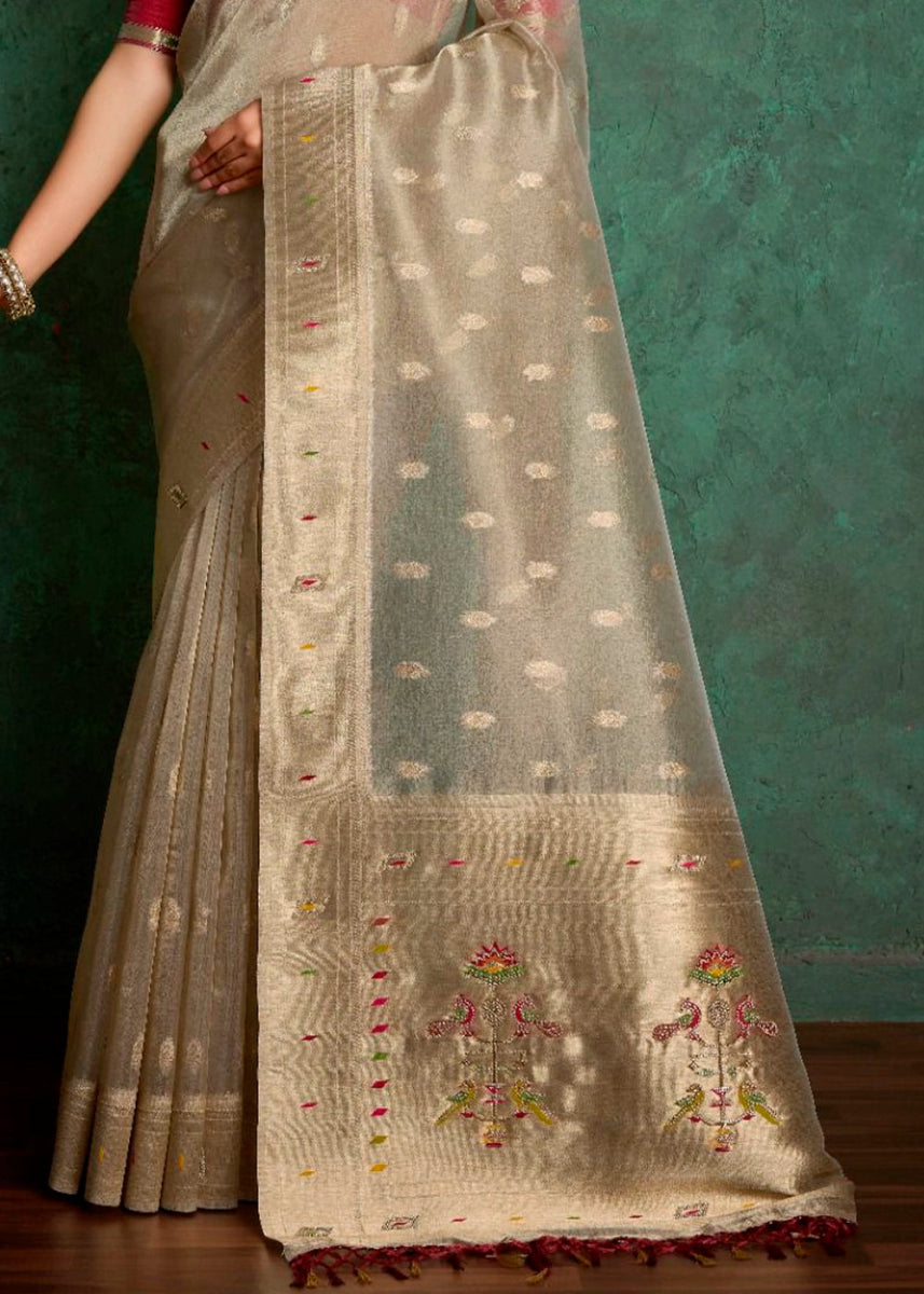 Beige Brown Tissue Silk Saree Featuring Buttis All Over and Heritage Paithani Pallu - House of Sarvati LLC