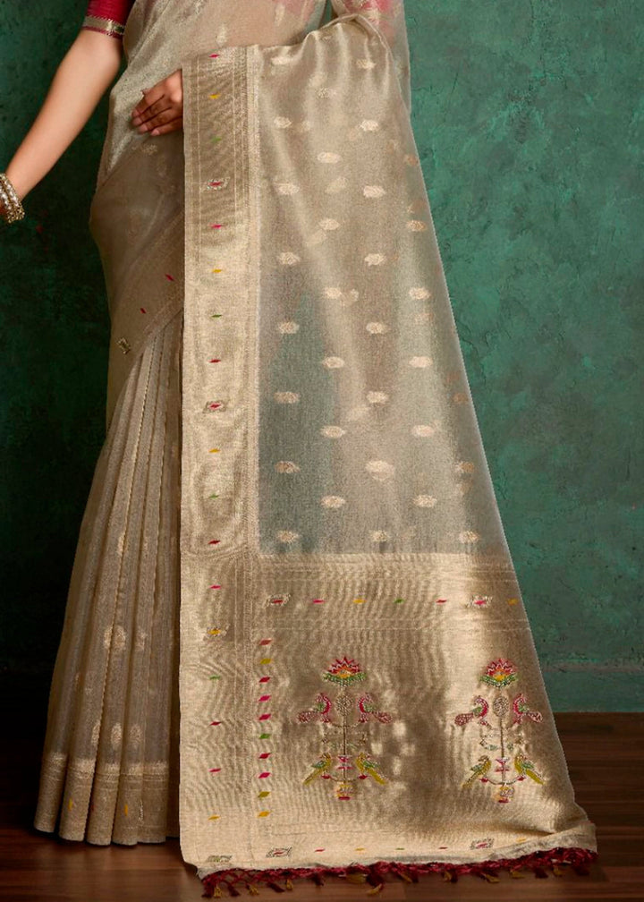 Beige Brown Tissue Silk Saree Featuring Buttis All Over and Heritage Paithani Pallu - House of Sarvati LLC