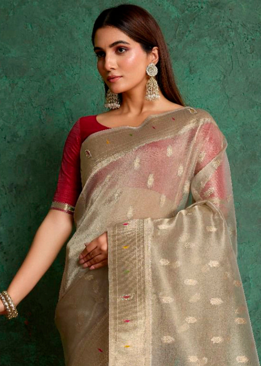 Beige Brown Tissue Silk Saree Featuring Buttis All Over and Heritage Paithani Pallu - House of Sarvati LLC