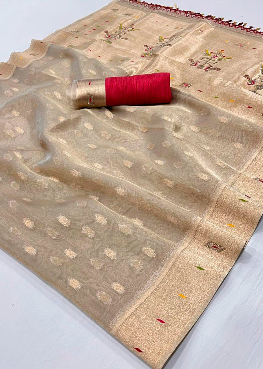 Beige Brown Tissue Silk Saree Featuring Buttis All Over and Heritage Paithani Pallu - House of Sarvati LLC