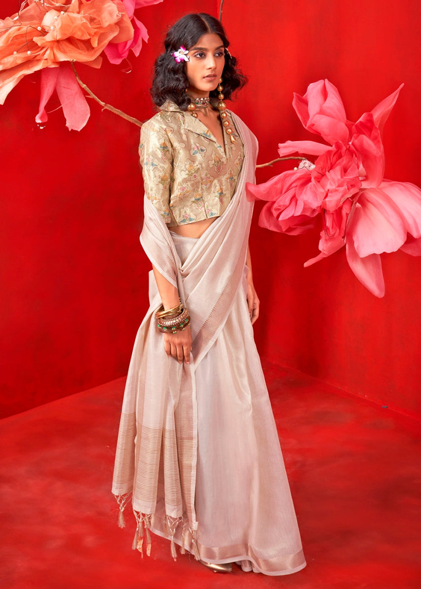 Beige Brown Tissue Silk Saree with Rich Zari Weave - House of Sarvati LLC