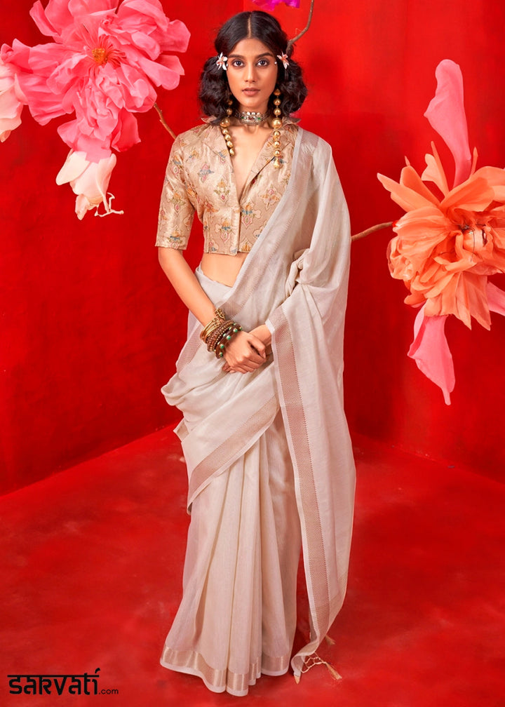 Beige Brown Tissue Silk Saree with Rich Zari Weave - House of Sarvati LLC
