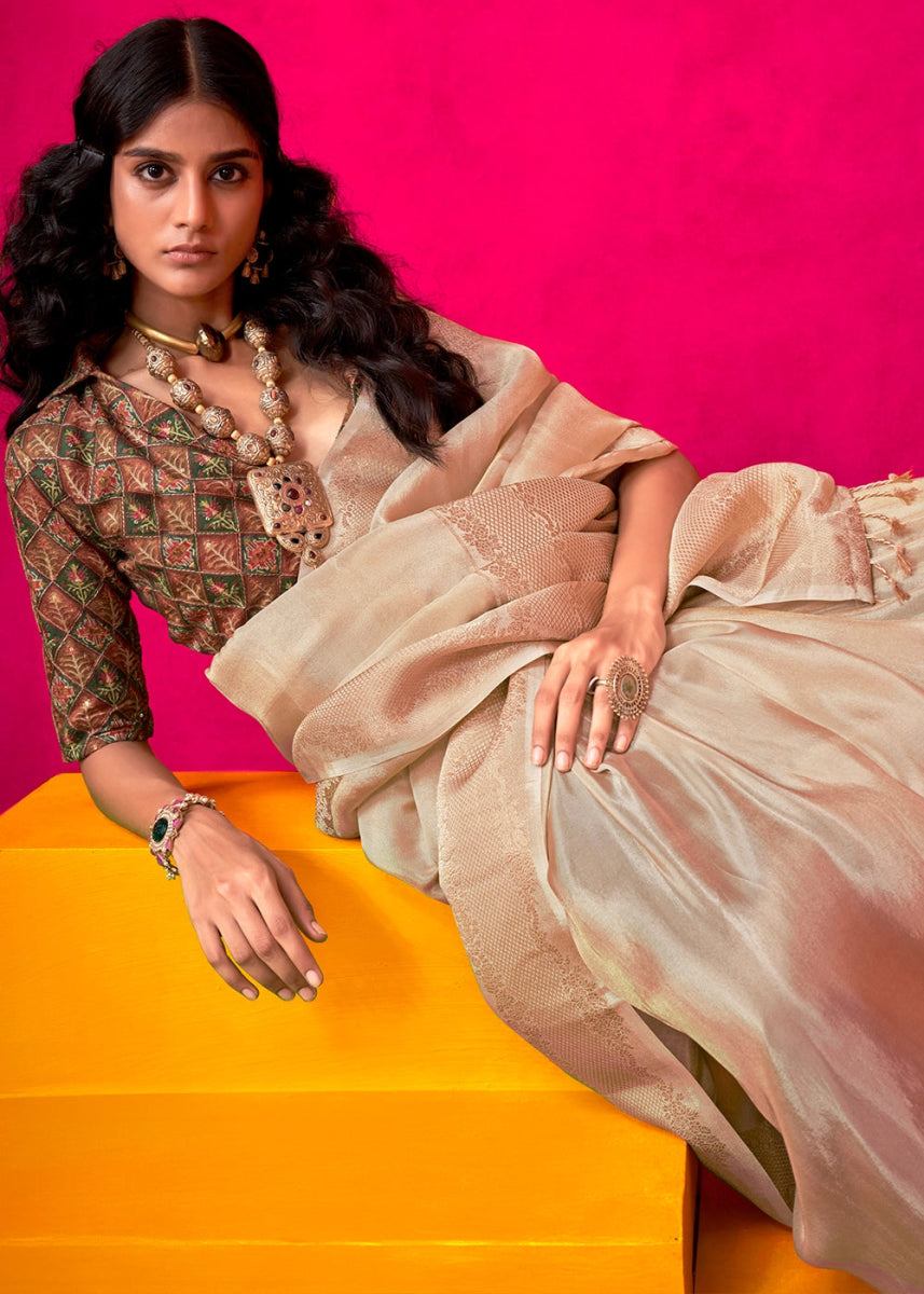 Beige Brown Tissue Silk Saree with Zari Weaving - House of Sarvati LLC