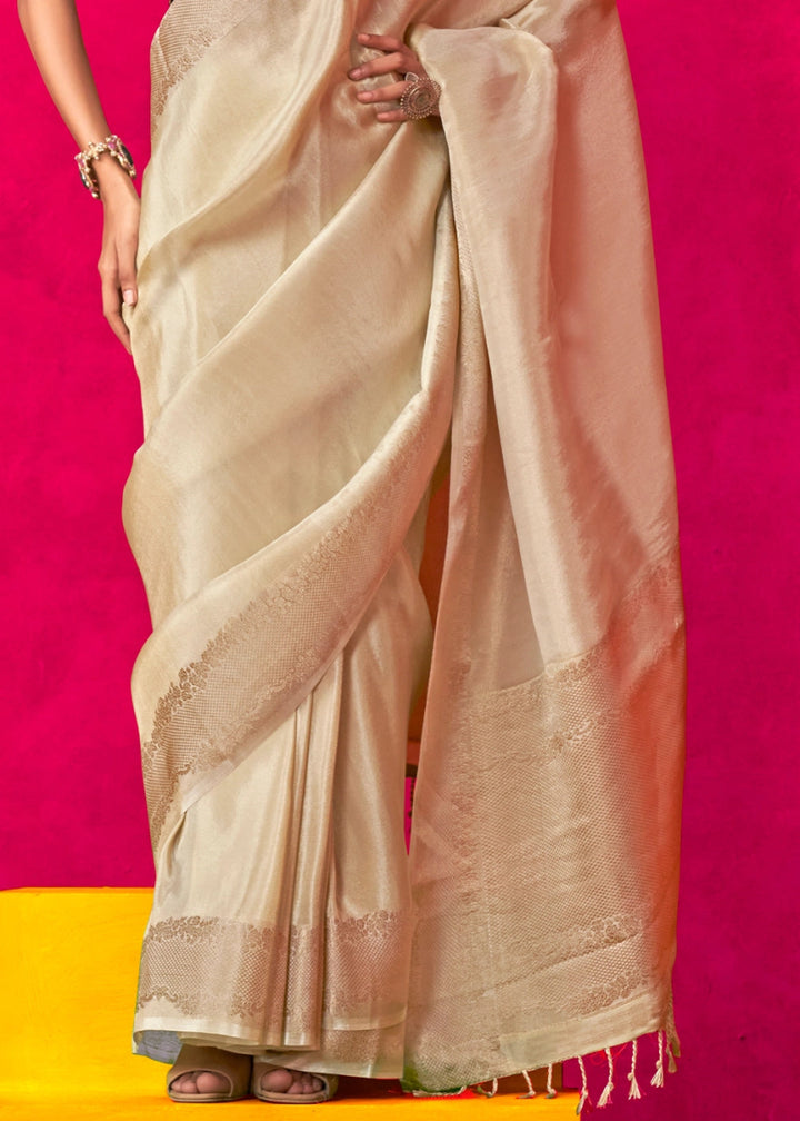 Beige Brown Tissue Silk Saree with Zari Weaving - House of Sarvati LLC