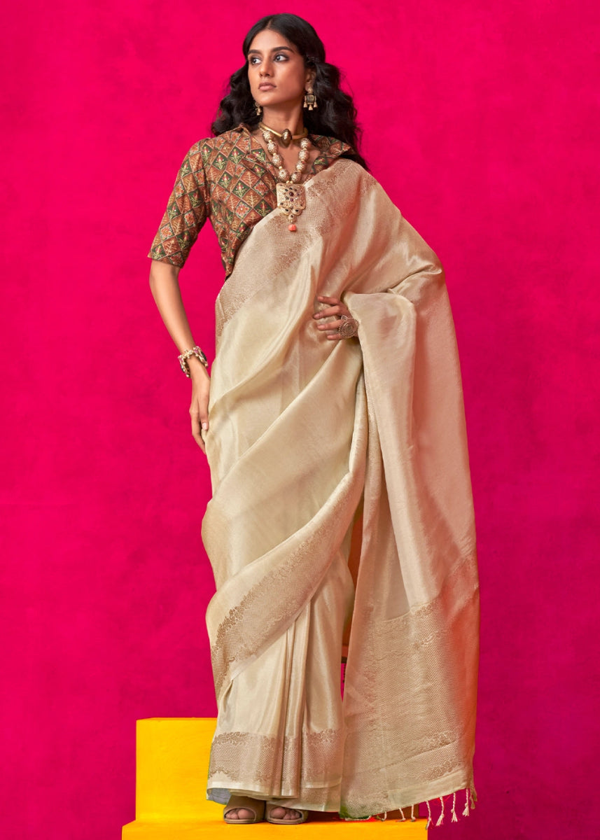 Beige Brown Tissue Silk Saree with Zari Weaving - House of Sarvati LLC