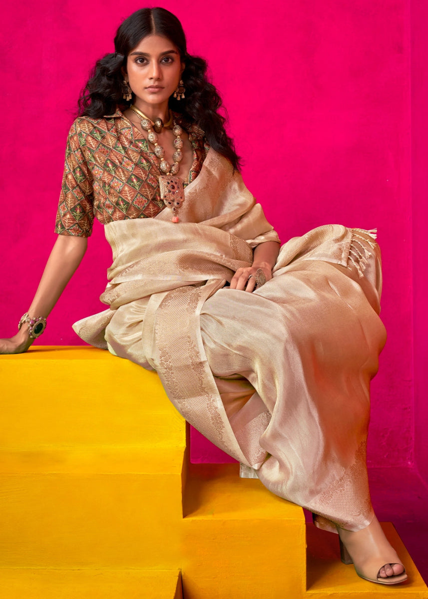 Beige Brown Tissue Silk Saree with Zari Weaving - House of Sarvati LLC