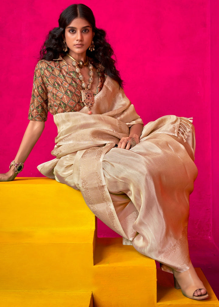 Beige Brown Tissue Silk Saree with Zari Weaving - House of Sarvati LLC