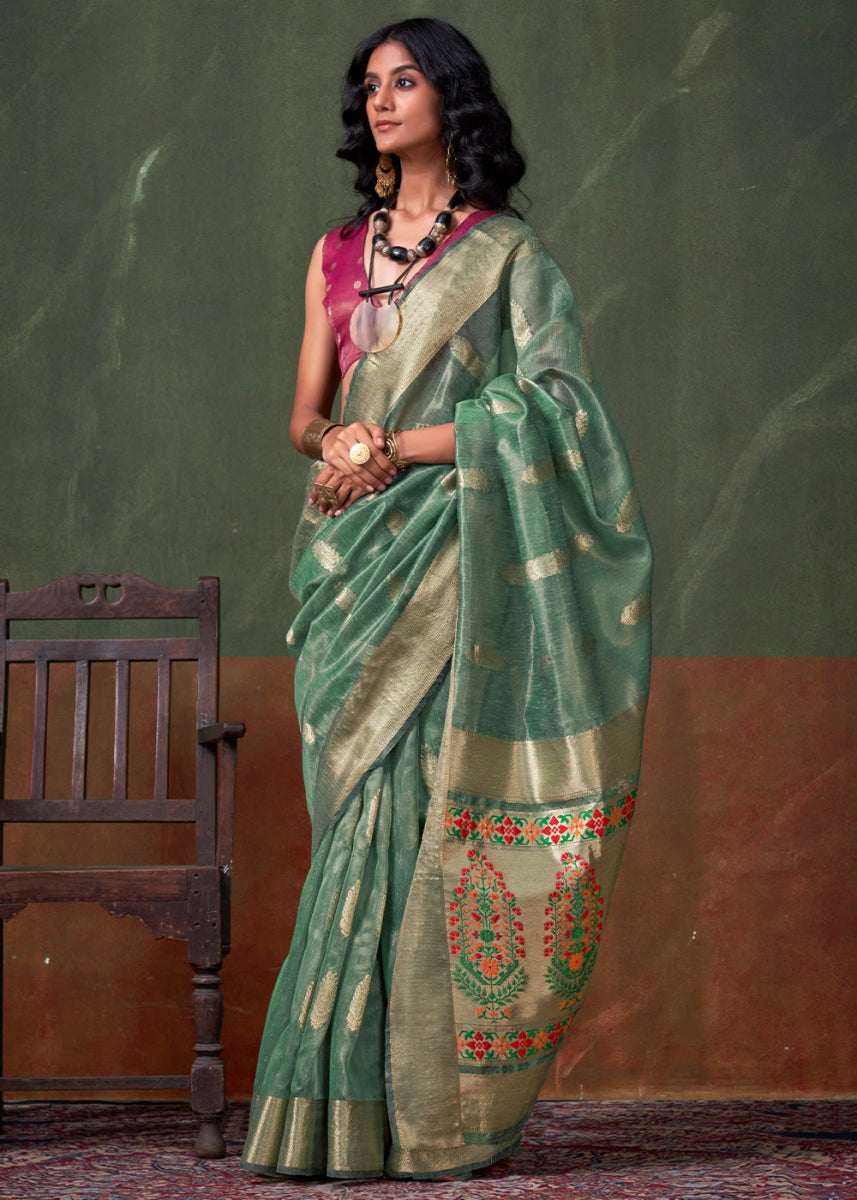 Bermuda Green Paithani Saree in Tissue Silk with Zari Work - House of Sarvati LLC