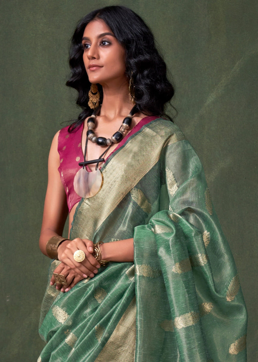 Bermuda Green Paithani Saree in Tissue Silk with Zari Work - House of Sarvati LLC