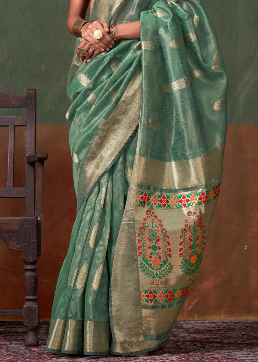 Bermuda Green Paithani Saree in Tissue Silk with Zari Work - House of Sarvati LLC