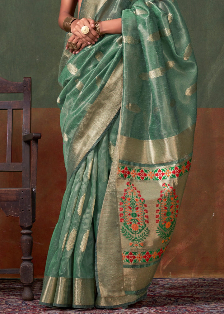 Bermuda Green Paithani Saree in Tissue Silk with Zari Work - House of Sarvati LLC