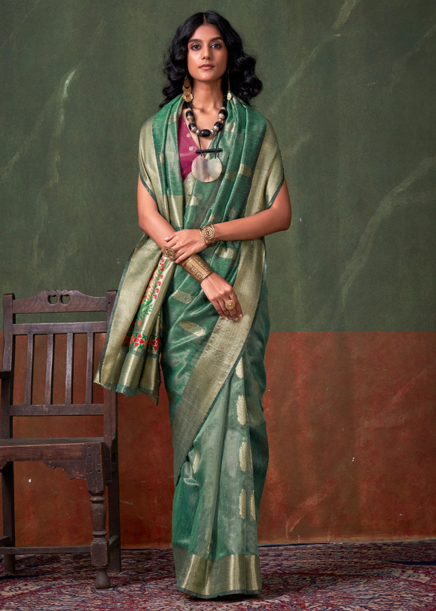 Bermuda Green Paithani Saree in Tissue Silk with Zari Work - House of Sarvati LLC