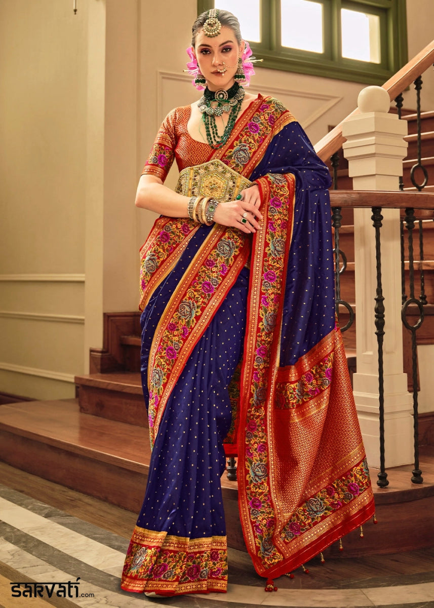 Berry Blue Banarasi Silk Saree With Jacquard Butti Weaving And Meenakari Border & Pallu - House of Sarvati LLC