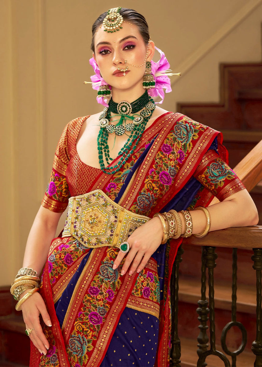 Berry Blue Banarasi Silk Saree With Jacquard Butti Weaving And Meenakari Border & Pallu - House of Sarvati LLC