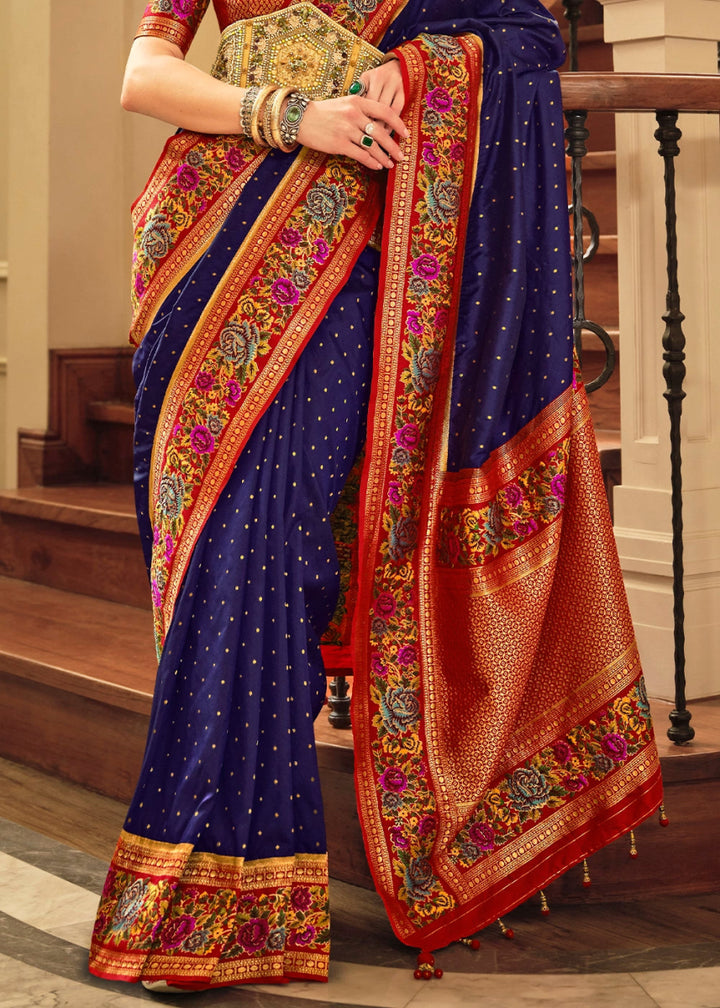 Berry Blue Banarasi Silk Saree With Jacquard Butti Weaving And Meenakari Border & Pallu - House of Sarvati LLC