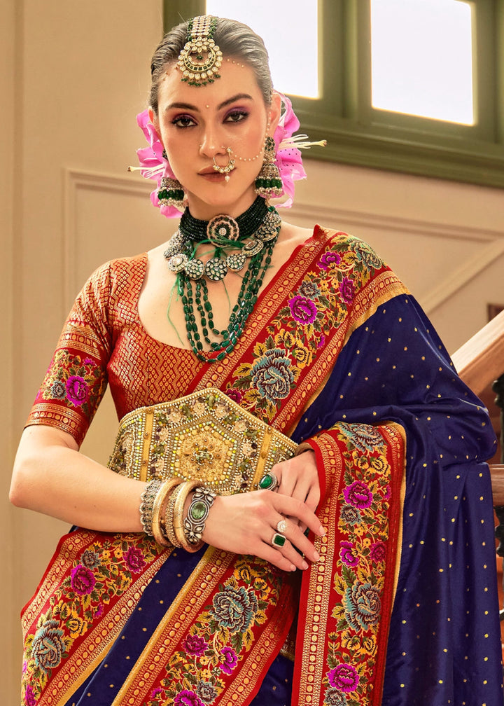 Berry Blue Banarasi Silk Saree With Jacquard Butti Weaving And Meenakari Border & Pallu - House of Sarvati LLC
