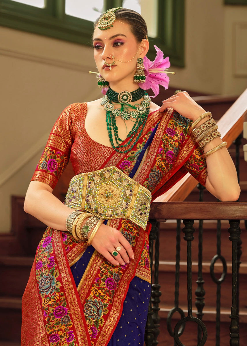 Berry Blue Banarasi Silk Saree With Jacquard Butti Weaving And Meenakari Border & Pallu - House of Sarvati LLC