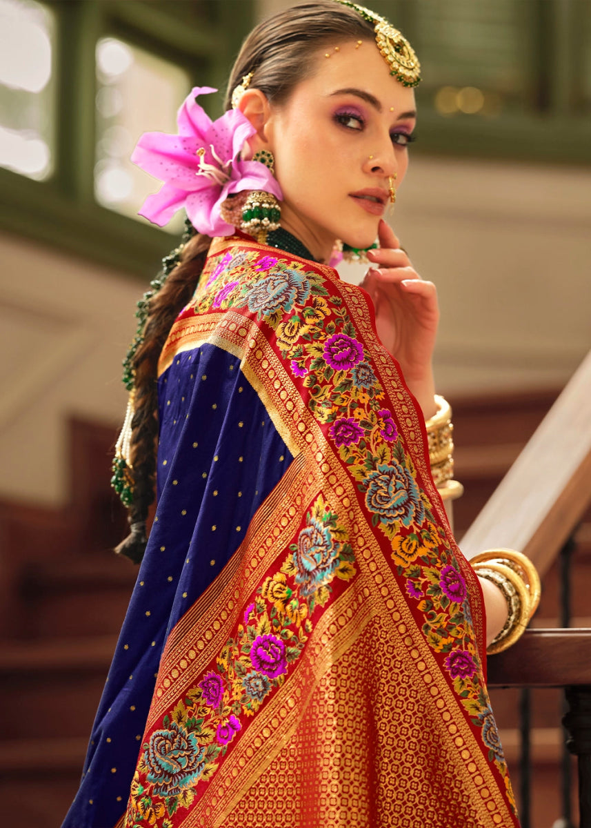 Berry Blue Banarasi Silk Saree With Jacquard Butti Weaving And Meenakari Border & Pallu - House of Sarvati LLC