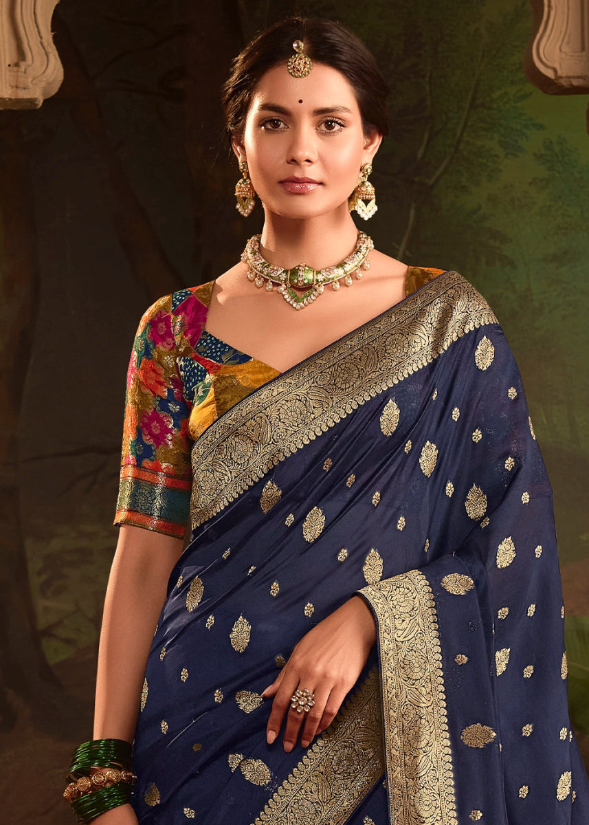 Berry Blue Crepe Dola Silk Saree with Rich Zari Weaving - House of Sarvati LLC