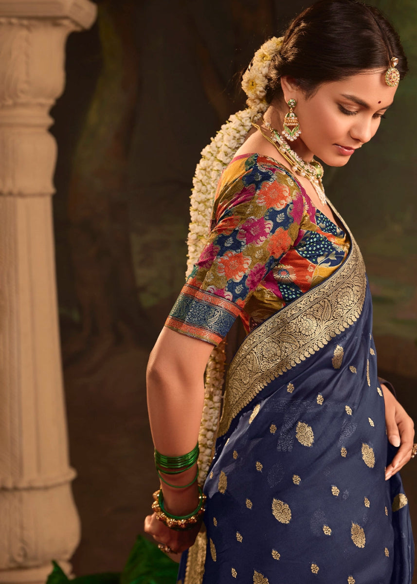 Berry Blue Crepe Dola Silk Saree with Rich Zari Weaving - House of Sarvati LLC