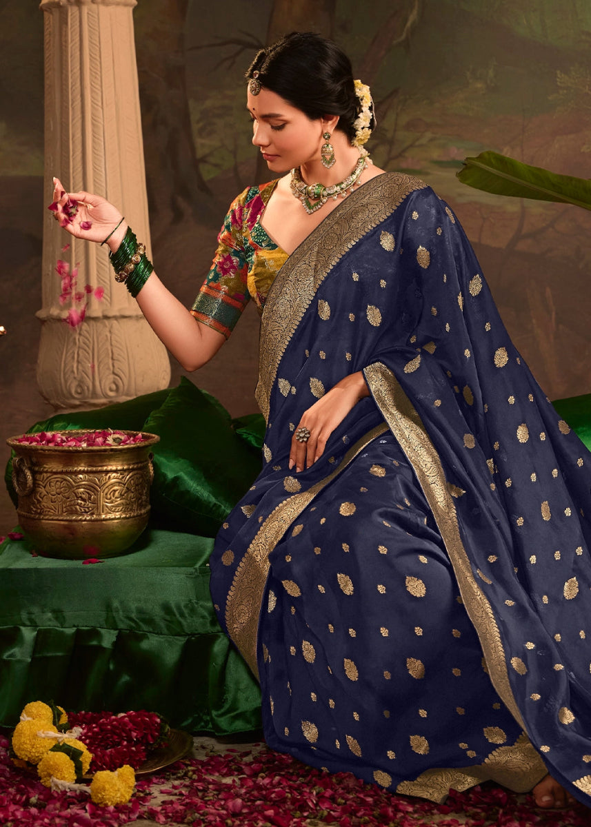 Berry Blue Crepe Dola Silk Saree with Rich Zari Weaving - House of Sarvati LLC