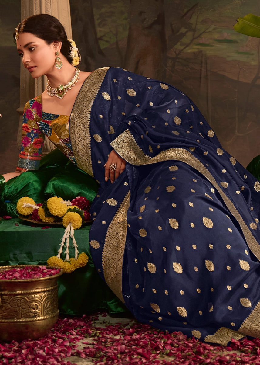 Berry Blue Crepe Dola Silk Saree with Rich Zari Weaving - House of Sarvati LLC