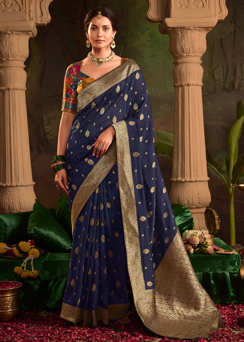 Berry Blue Crepe Dola Silk Saree with Rich Zari Weaving - House of Sarvati LLC