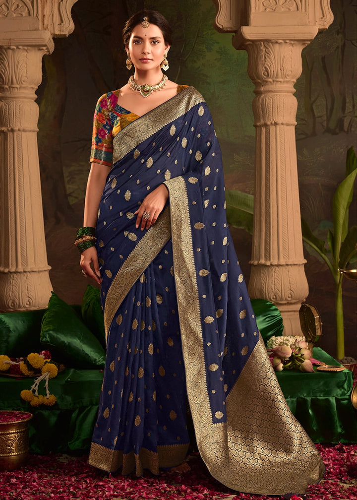 Berry Blue Crepe Dola Silk Saree with Rich Zari Weaving - House of Sarvati LLC