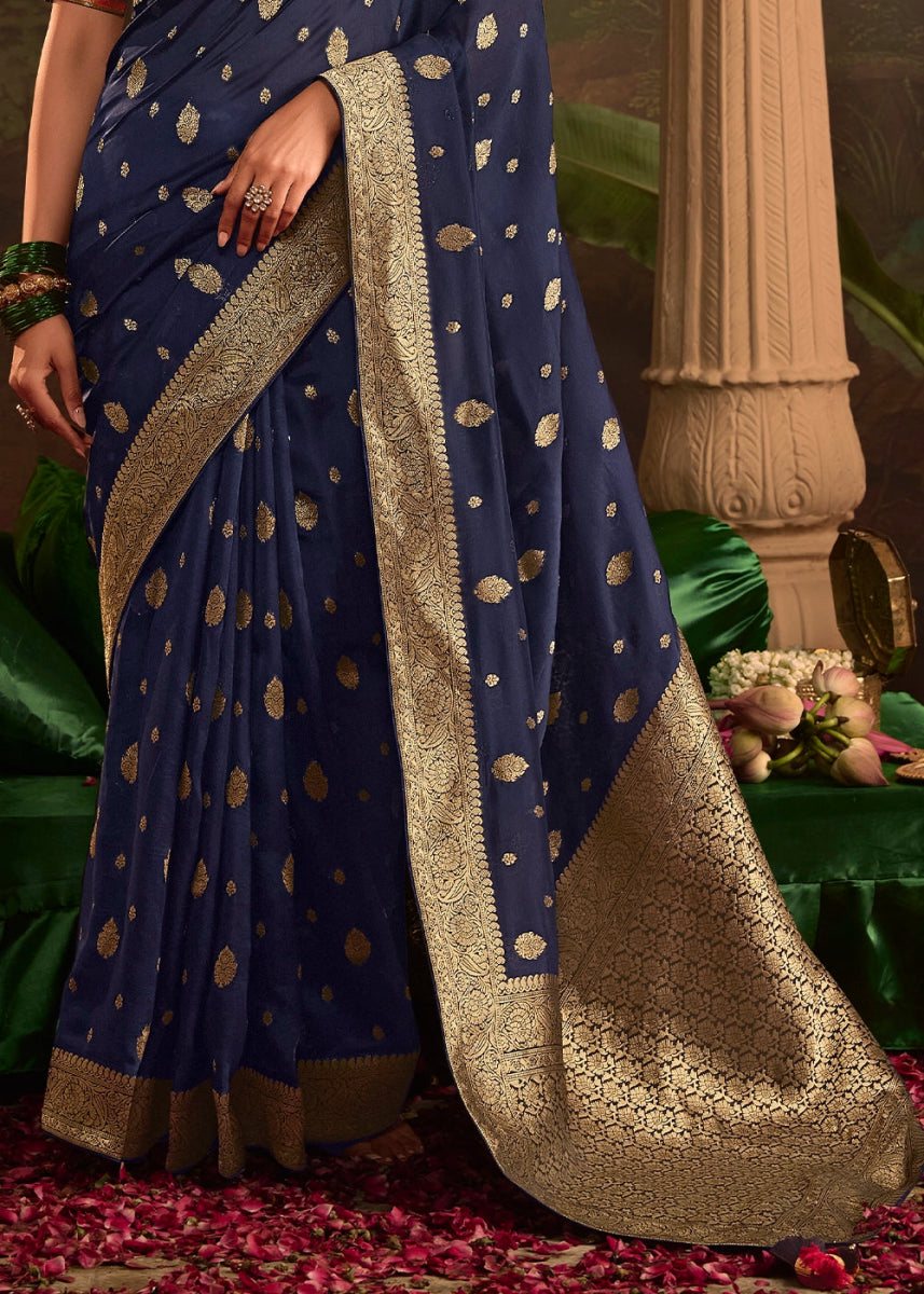 Berry Blue Crepe Dola Silk Saree with Rich Zari Weaving - House of Sarvati LLC
