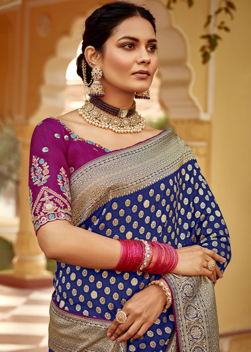 Berry Blue Dola Silk Saree with Intricate Weaving & Embroidered Blouse - House of Sarvati LLC