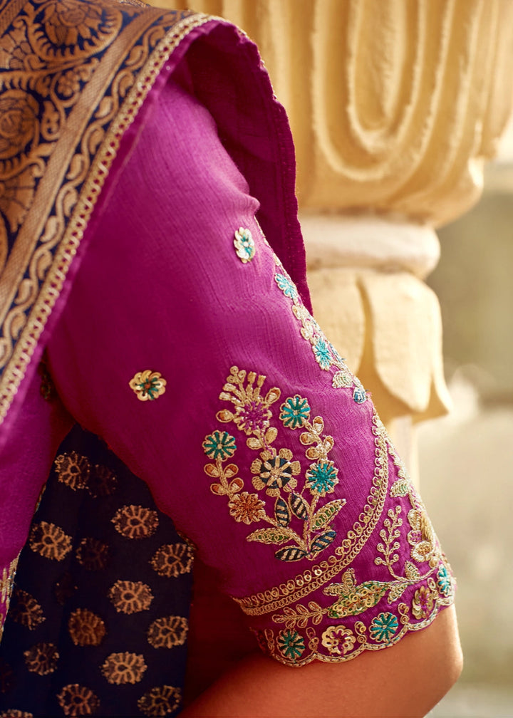 Berry Blue Dola Silk Saree with Intricate Weaving & Embroidered Blouse - House of Sarvati LLC