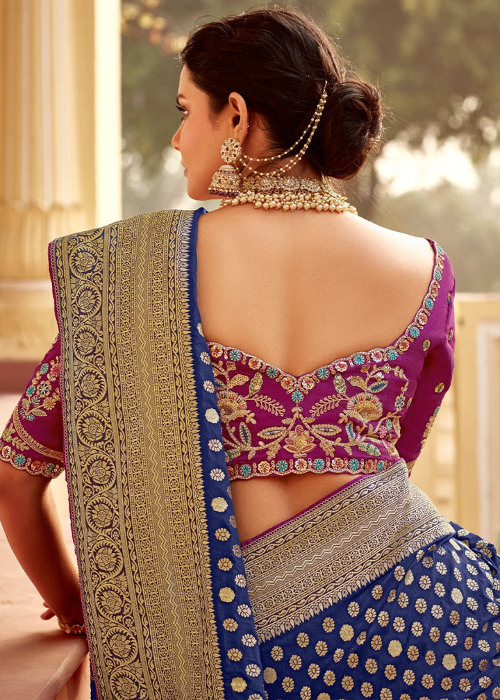 Berry Blue Dola Silk Saree with Intricate Weaving & Embroidered Blouse - House of Sarvati LLC