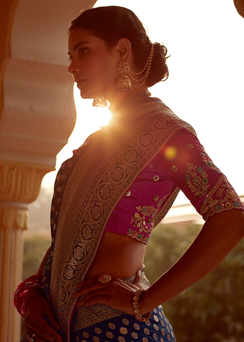 Berry Blue Dola Silk Saree with Intricate Weaving & Embroidered Blouse - House of Sarvati LLC