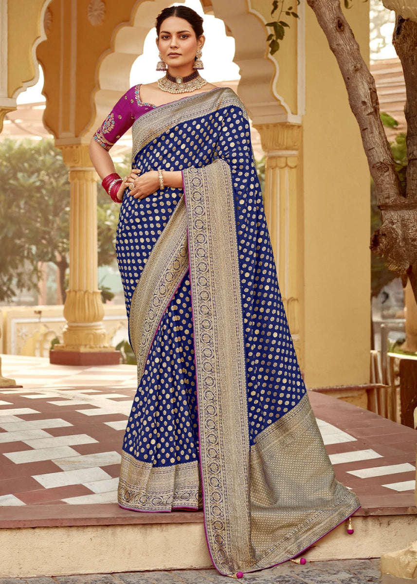 Berry Blue Dola Silk Saree with Intricate Weaving & Embroidered Blouse - House of Sarvati LLC