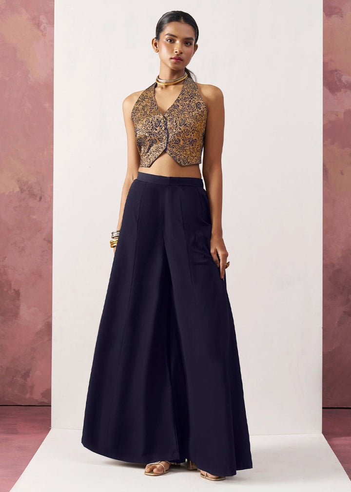 Berry Blue Palazzo & Jacquard Waistcoat Fusion Set - House of Sarvati LLC