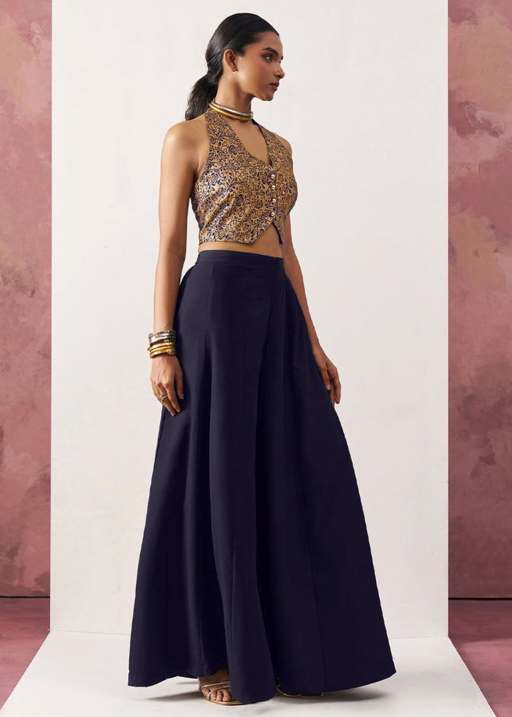 Berry Blue Palazzo & Jacquard Waistcoat Fusion Set - House of Sarvati LLC