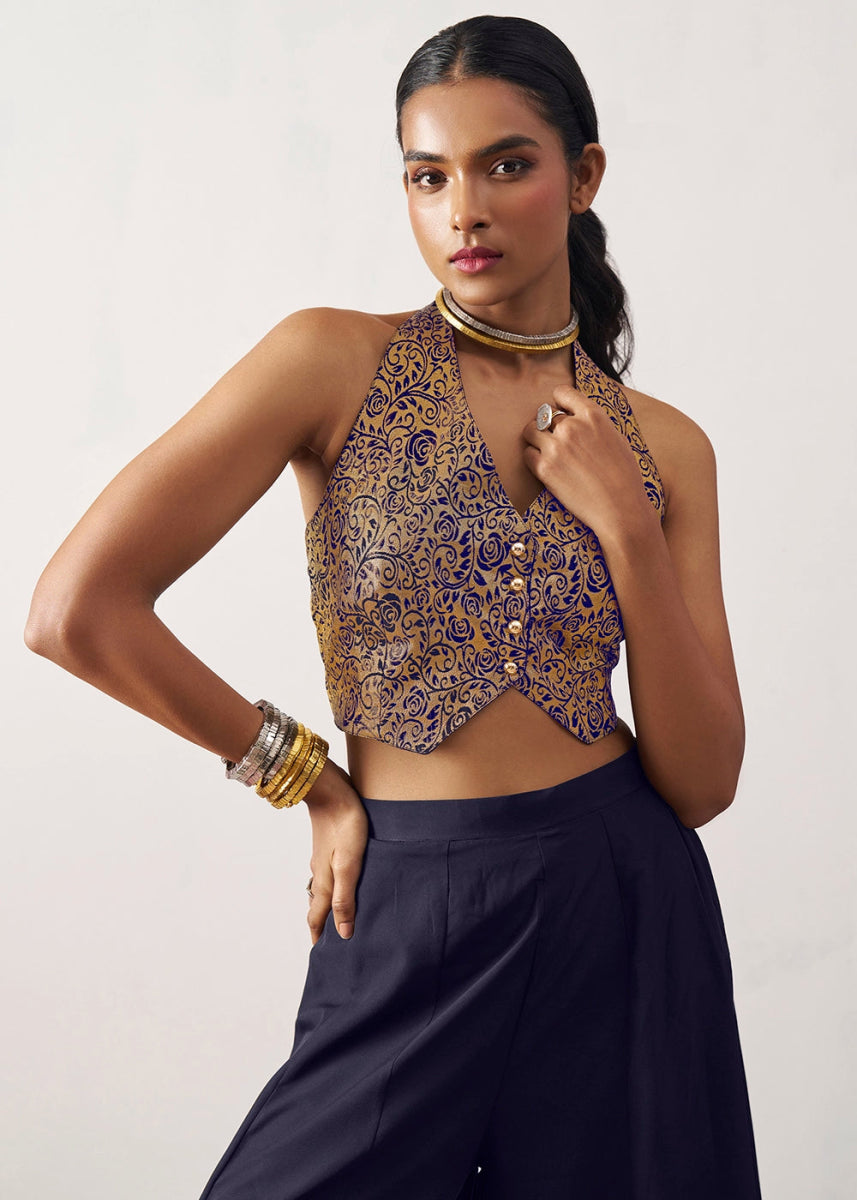Berry Blue Palazzo & Jacquard Waistcoat Fusion Set - House of Sarvati LLC