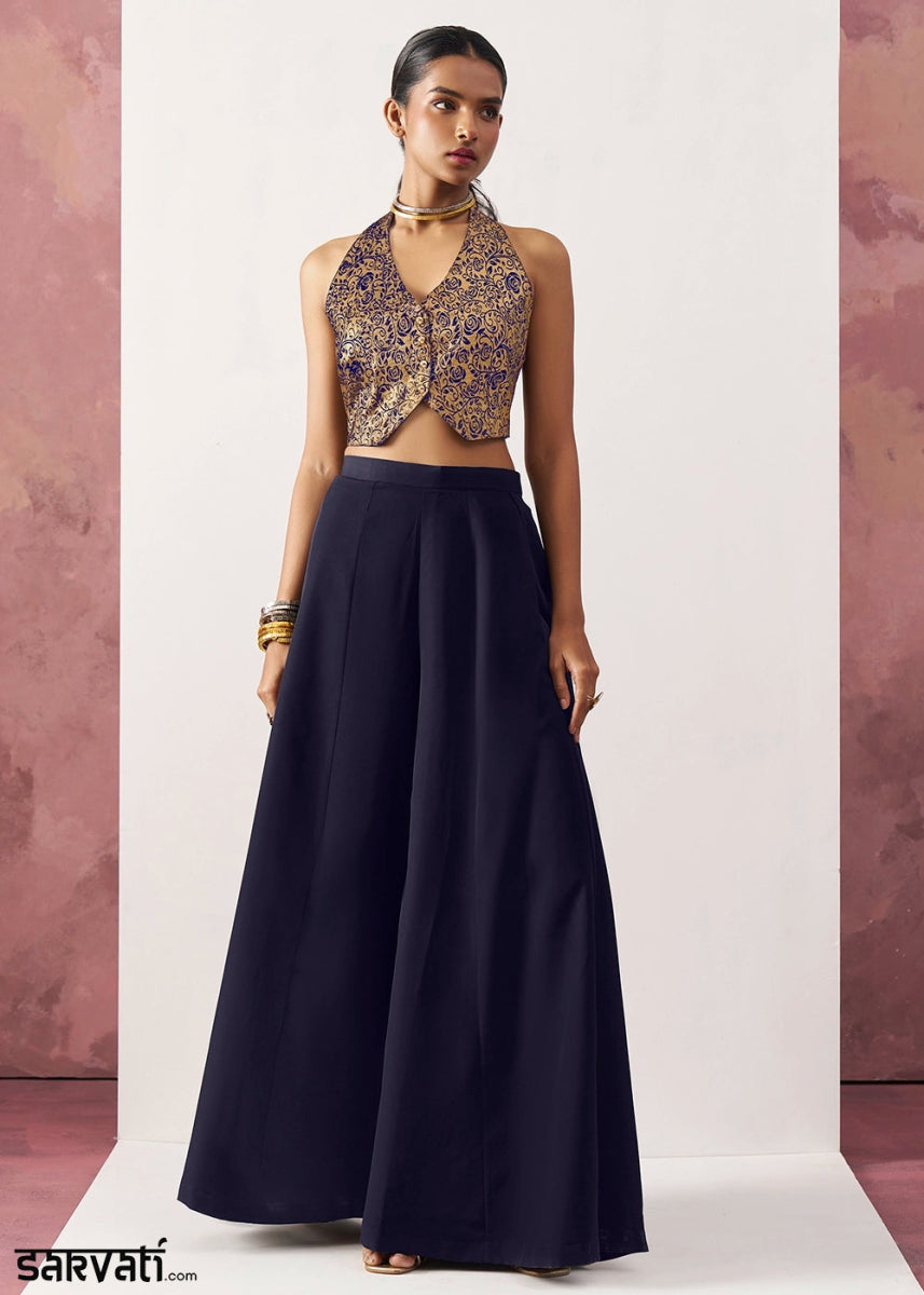 Berry Blue Palazzo & Jacquard Waistcoat Fusion Set - House of Sarvati LLC