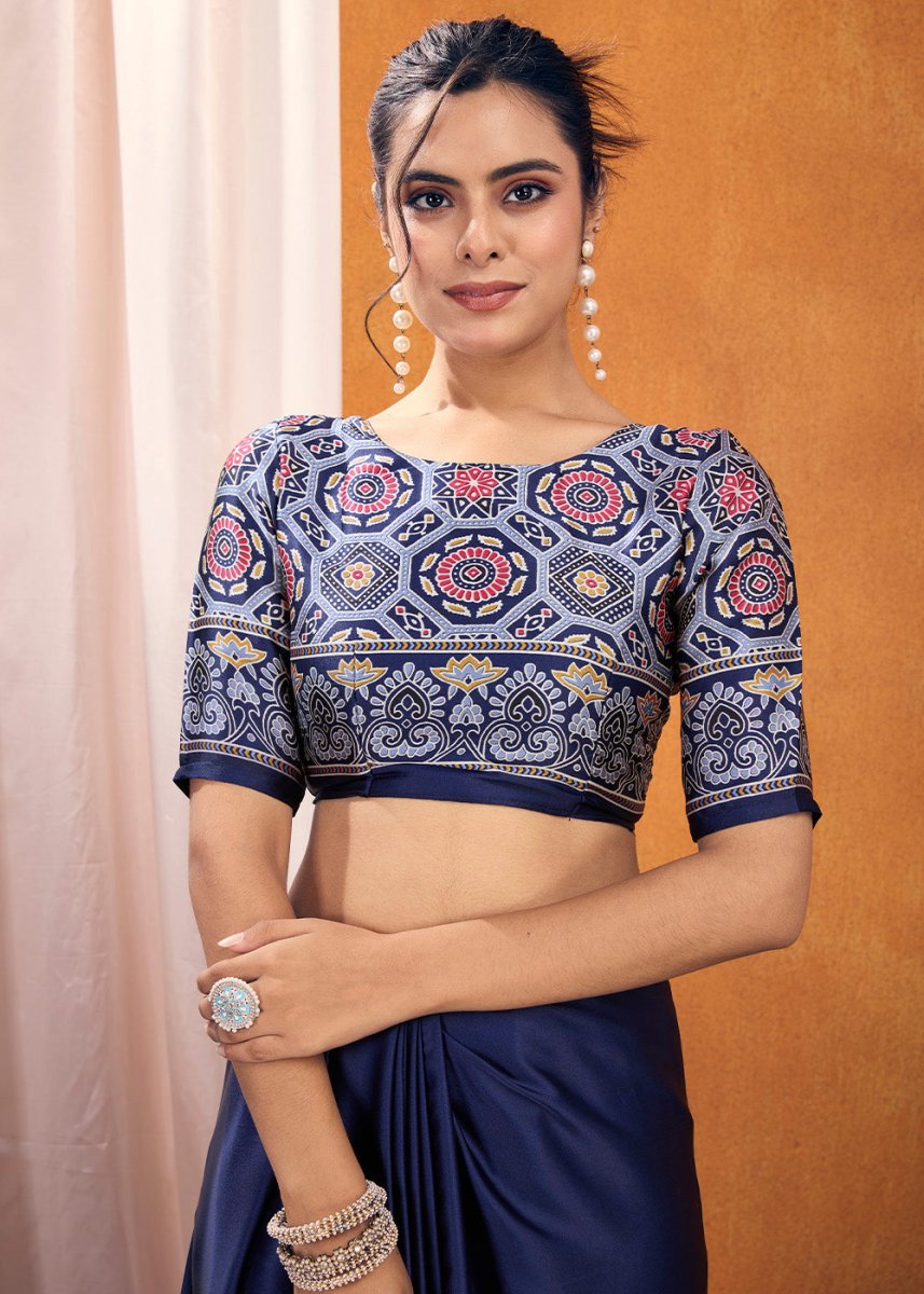 Berry Blue Satin Crepe Ajrakh Gala Printed Saree - House of Sarvati LLC