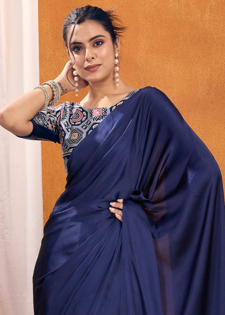 Berry Blue Satin Crepe Ajrakh Gala Printed Saree - House of Sarvati LLC